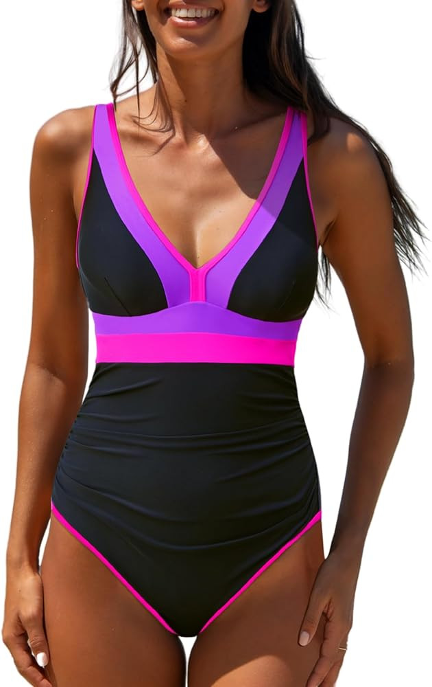 popvil One Piece Swimsuit Women 2025 Tummy Control Neon Color Block Bathing Suit Deep Vneck Tie B... | Amazon (US)