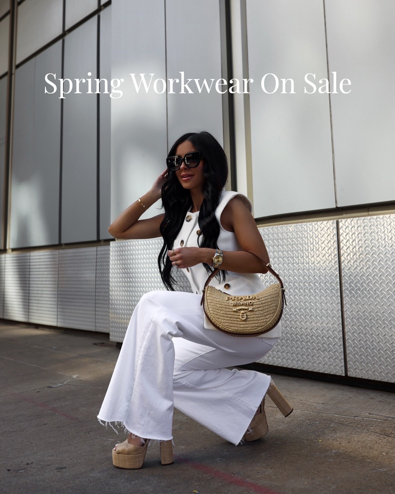 Spring workwear on sale now! This all white spring outfit works for business casual days at the office. I’m wearing Mother Hustler Roller jeans in white and Veronica Beard vest that’s on major sale!

Miamiamine, spring outfit, resort wear, Prada woven handbag, platform sandals, mother denim, white jean

#LTKSaleAlert #LTKWorkwear #LTKOver40