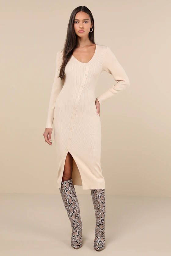 Beige Ribbed Asymmetrical Midi Sweater Dress | Casual Work Dress | Fall Work Dress | Lulus