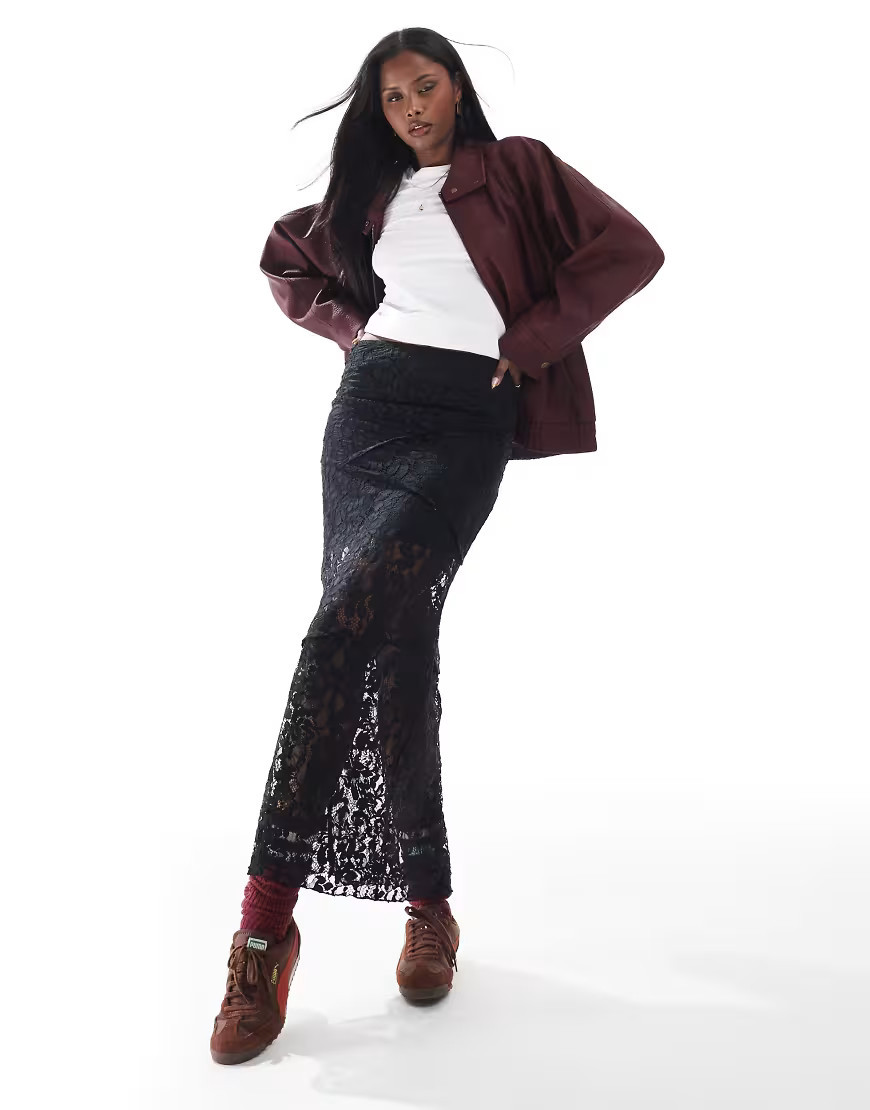 ASOS DESIGN seam detail lace maxi skirt with mini lining in black | ASOS (Global)