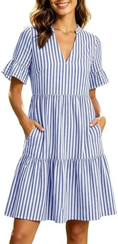 Summer Dresses for Women Vacation Sundresses Ruffle Sleeve V Neck with Pockets A Line Striped Ple... | Amazon (US)