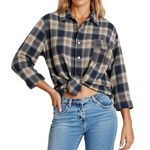 Plaid Blouse,Plaid Shirts for Women Lightweight Button Down Flannel Shirt Long Sleeve Lapel Business Casual Blouse Tops(16-Black,XL) | Amazon (US)