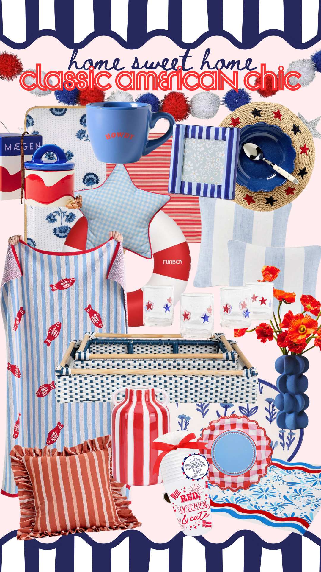 Classic American chic forever 🇺🇸✨
Give me all the red, white + blue stripes, scallops, woven textures, and darling summer hosting finds… this mood board is basically my dream patriotic aesthetic for the season ahead ❤️💙 From poolside touches to tabletop favorites and cozy home accents, these are the little details making home feel extra festive this summer ☀️🏡 

 #LTKSeasonal #LTKHome #LTKSwim