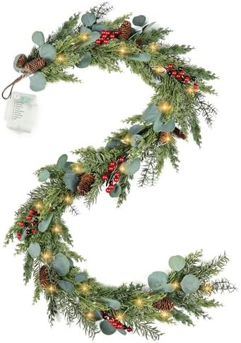 6ft Christmas Garland with Lights Artificial Cedar Cypress Garland with Pine Cones Garland for Ho... | Amazon (US)