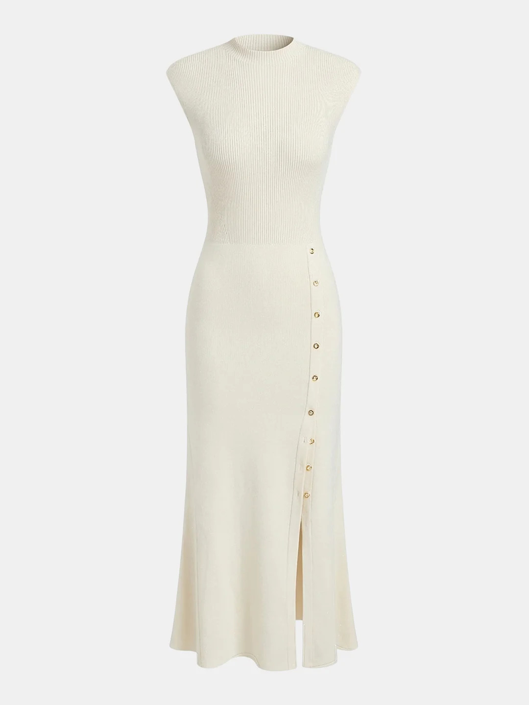 Button Detail Cap Sleeve Rib Knit Maxi Dress | Commense