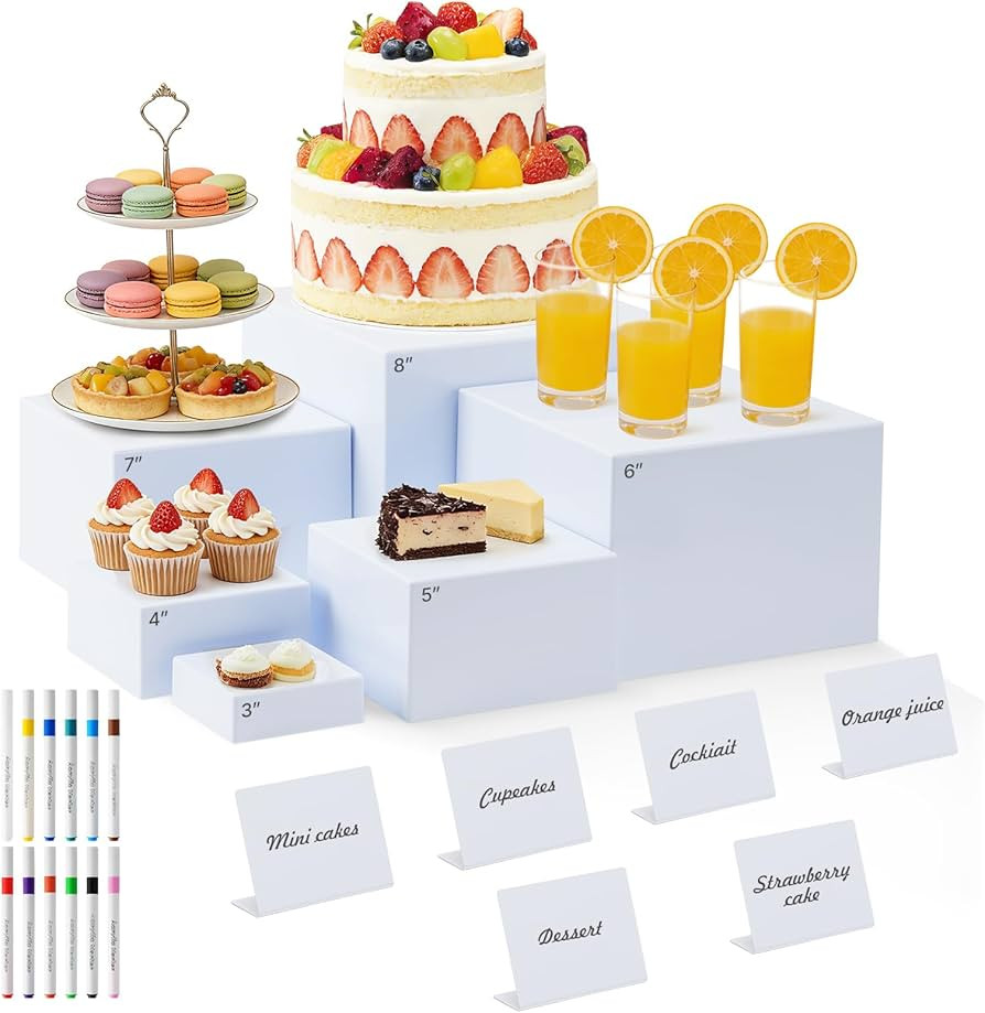 Nestable Buffet Risers - 6 Pcs White Acrylic Food Risers with Signs & Markers \u2013 Sturdy Desse... | Amazon (US)
