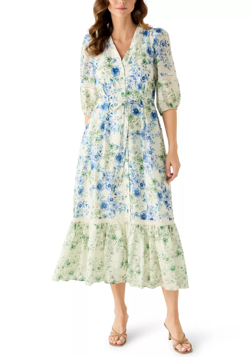 Women's V-Neck Floral Linen Midi Dress | Belk