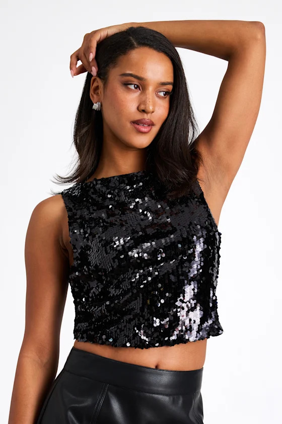 Chelia Shiny Black Sequin Cropped Tank Top | Lulus