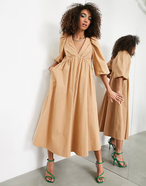 ASOS EDITION puff sleeve smock midi dress in camel | ASOS (Global)