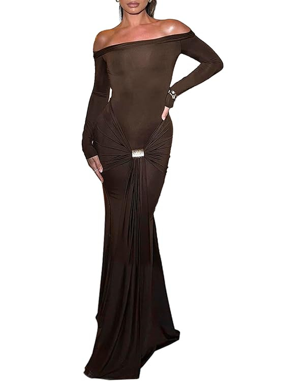 magorange Women Sexy Off Shoulder Cocktail Party Maxi Dress Long Sleeve Ruched Tie Waist Bodycon ... | Amazon (US)