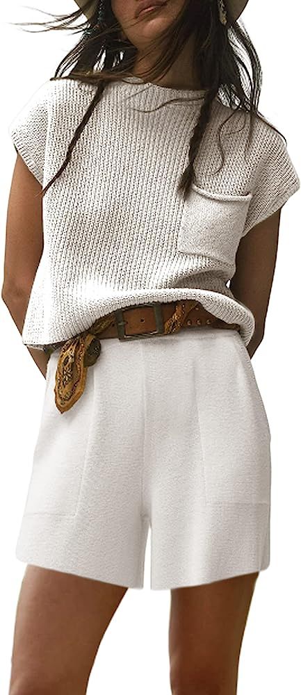 Yidarer Women's Two Piece Outfits Knitted Sweater Pullover Tops and High Waisted Shorts Lounge Se... | Amazon (US)