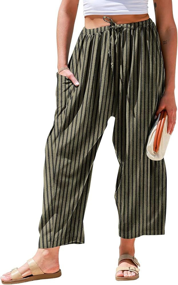 TARSE Womens Linen Wide Leg Pants Casual Loose Drawstring Summer 2025 Beach Travel Vacation Palaz... | Amazon (US)