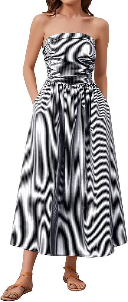 Striped Strapless Maxi Dress for Women Sleeveless Flowy Long Dress Summer Casual Tube Dress with ... | Amazon (US)