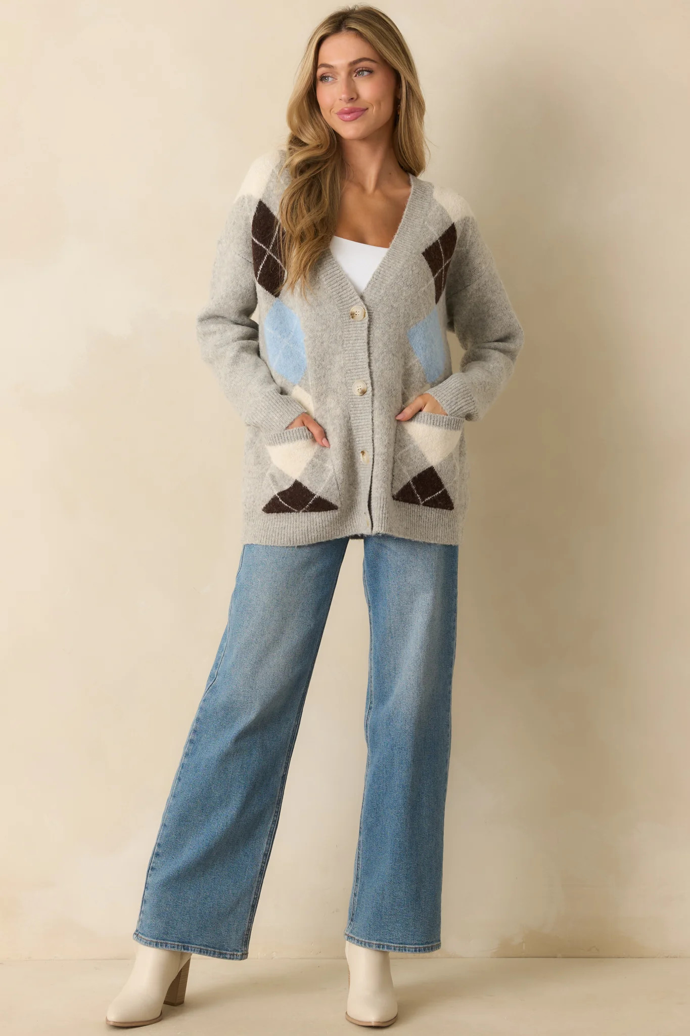 Make Some Room Light Grey Multi Argyle Knit Oversized Cardigan | Red Dress