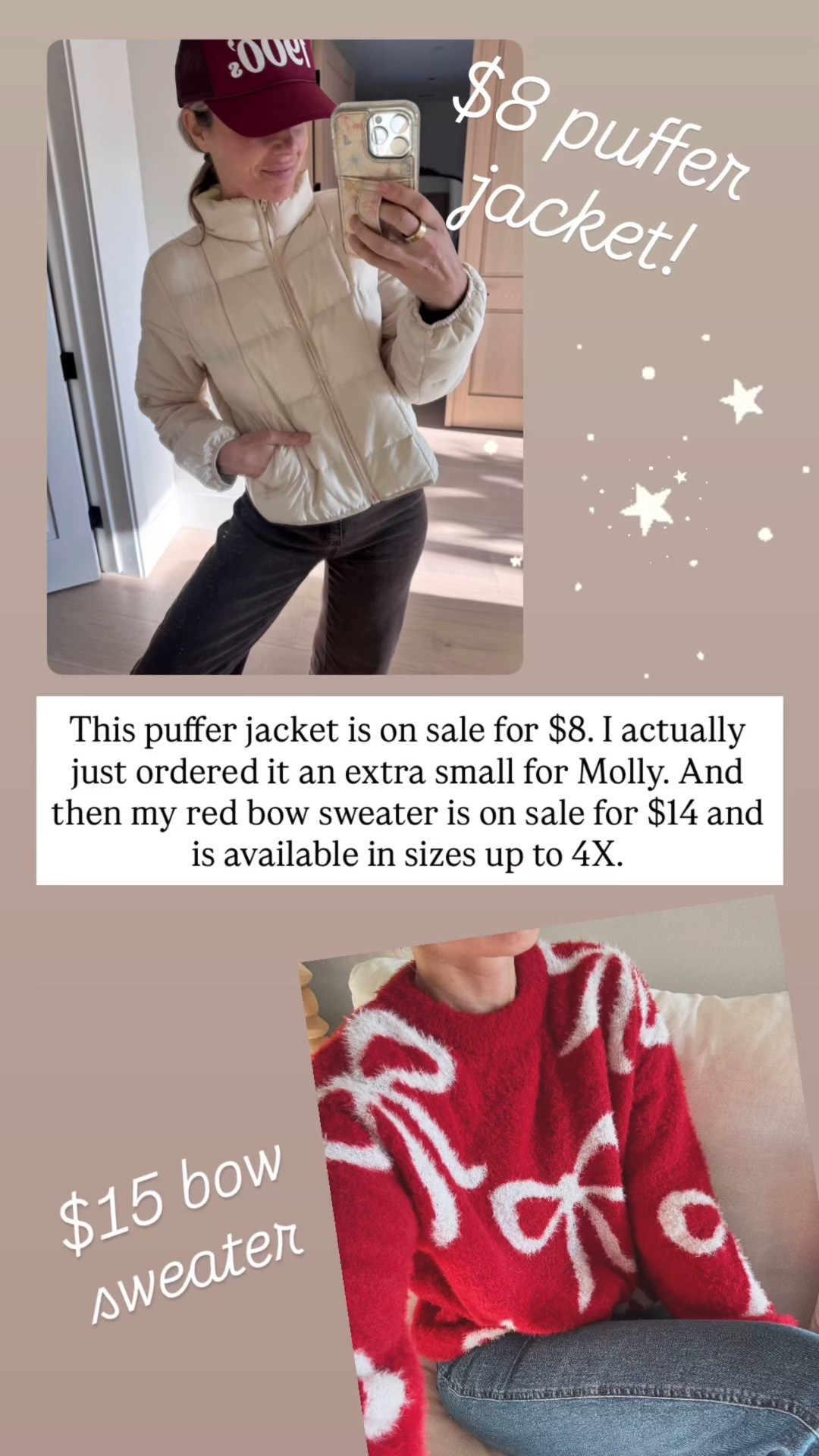 These prices are just too good not to share. I’m wearing a size small and the puffer jacket. It’s got a yellow lining on the inside, which I don’t love, but you can’t see it when it’s zipped up and for the price I don’t even care. I got the pink one for my daughter!  

I’m wearing a size medium in the bow sweater cause I didn’t have my size (small) but I don’t mind cause I kind of want it more oversized

Linking a few other black Friday clothing deals from Walmart like these five dollar pajama pants that I linked. And the $12 sweaters!

I’m also linking a bunch of other things I bought for my home on Black Friday/cyber sale. I got so much stuff because we still need so many things to furnish this house and I’ve been waiting till now to get it all on sale!

#LTKHoliday #LTKSaleAlert #LTKCyberWeek