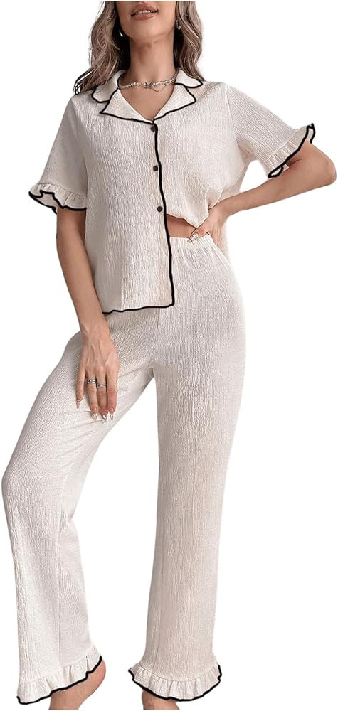 Verdusa Women's Ruffle Sleeve Button Up Shirt and Pants 2 Piece Loungewear Pajama Set | Amazon (US)