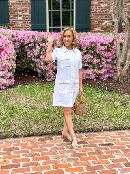 A white linen dress is such a crisp fresh style for spring & summer🤍. This dress runs big, I’m wearing a 00. 

I paired it with a pretty straw handbag & gold sandals. 

#LTKstyletip #LTKworkwear #LTKover40