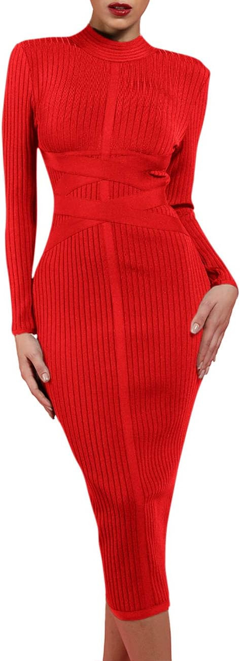 whoinshop Women's Cross Strap Ribbed Bandage Long Sleeve Midi Fall Winter Bodycon Party Dress | Amazon (US)