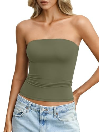 EasyGala Womens Double Lined Tube Tops Non Slip Sexy Strapless Bandeau Top Y2K Sleeveless Going Out Tops Summer Outfits Basic Backless Tank Tops Army Green M | Amazon (US)