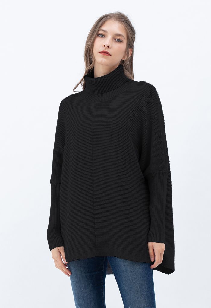 Effortless Chic Turtleneck Batwing Sleeve Hi-Lo Sweater in Black | Chicwish
