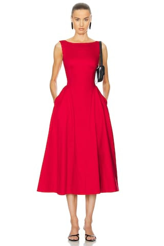Helsa Stretch Cotton Sateen Midi Dress in Red from Revolve.com | Revolve Clothing (Global)