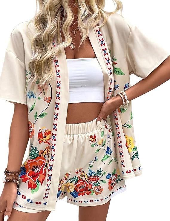 Women Boho Tropical Print Beach Cover Up Shorts Set 2 Piece Summer Lounge Outfit Lightweight Swim... | Amazon (US)