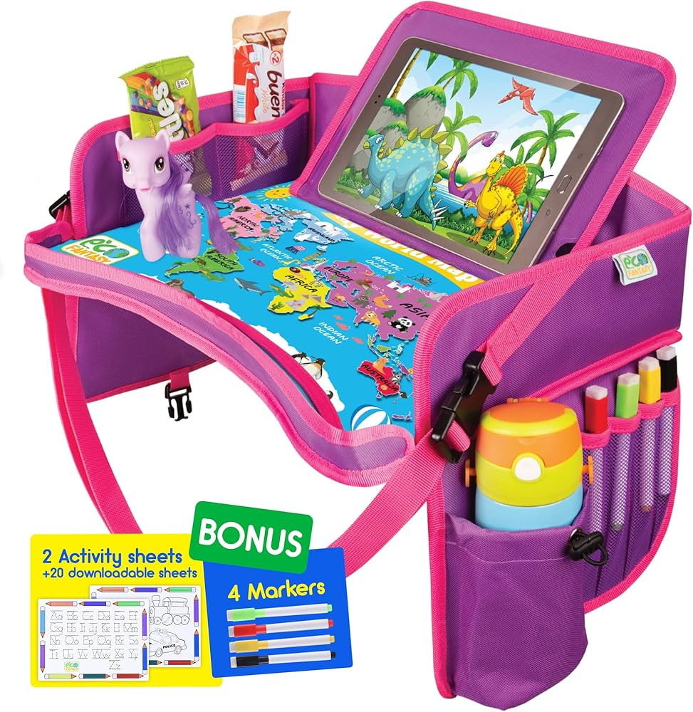 Kids Travel Tray - Waterproof Lap Table with No-Drop Large Tablet Holder - Car Seat Tray - Road T... | Amazon (US)