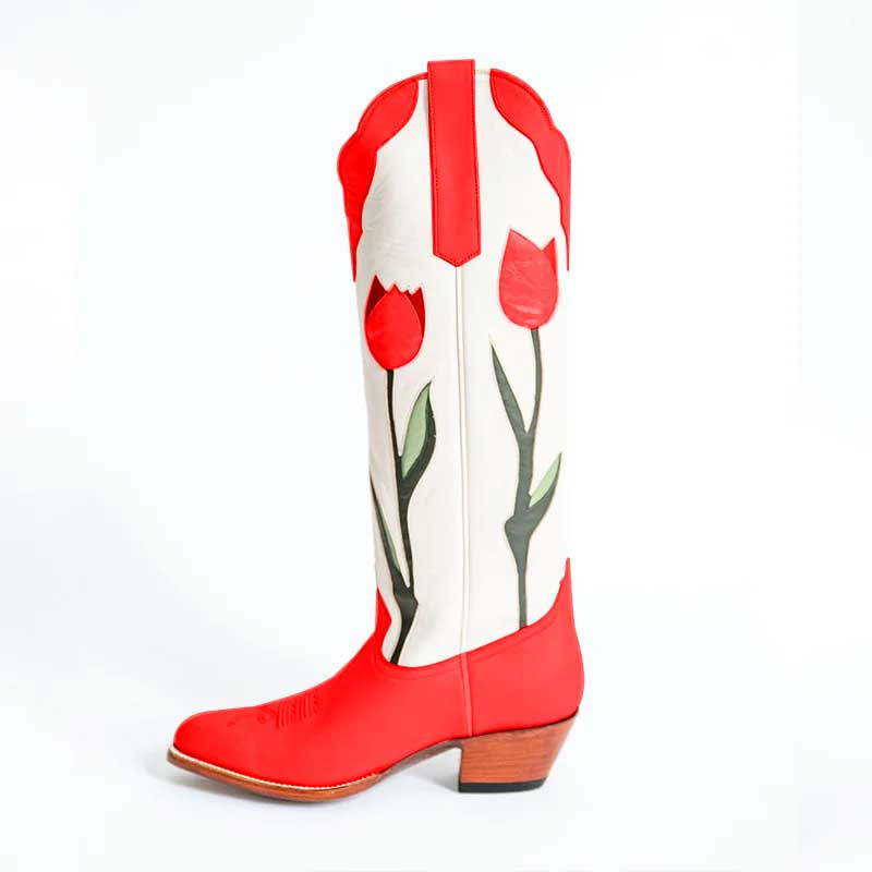 FSJ Red Chunky Heel Tulips Detail Knee High Cowboy Boots for Women | FSJshoes