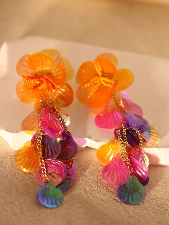 Colorful hot pink shell sequin beaded flower drop earrings statement earrings for girl and women ... | SHEIN