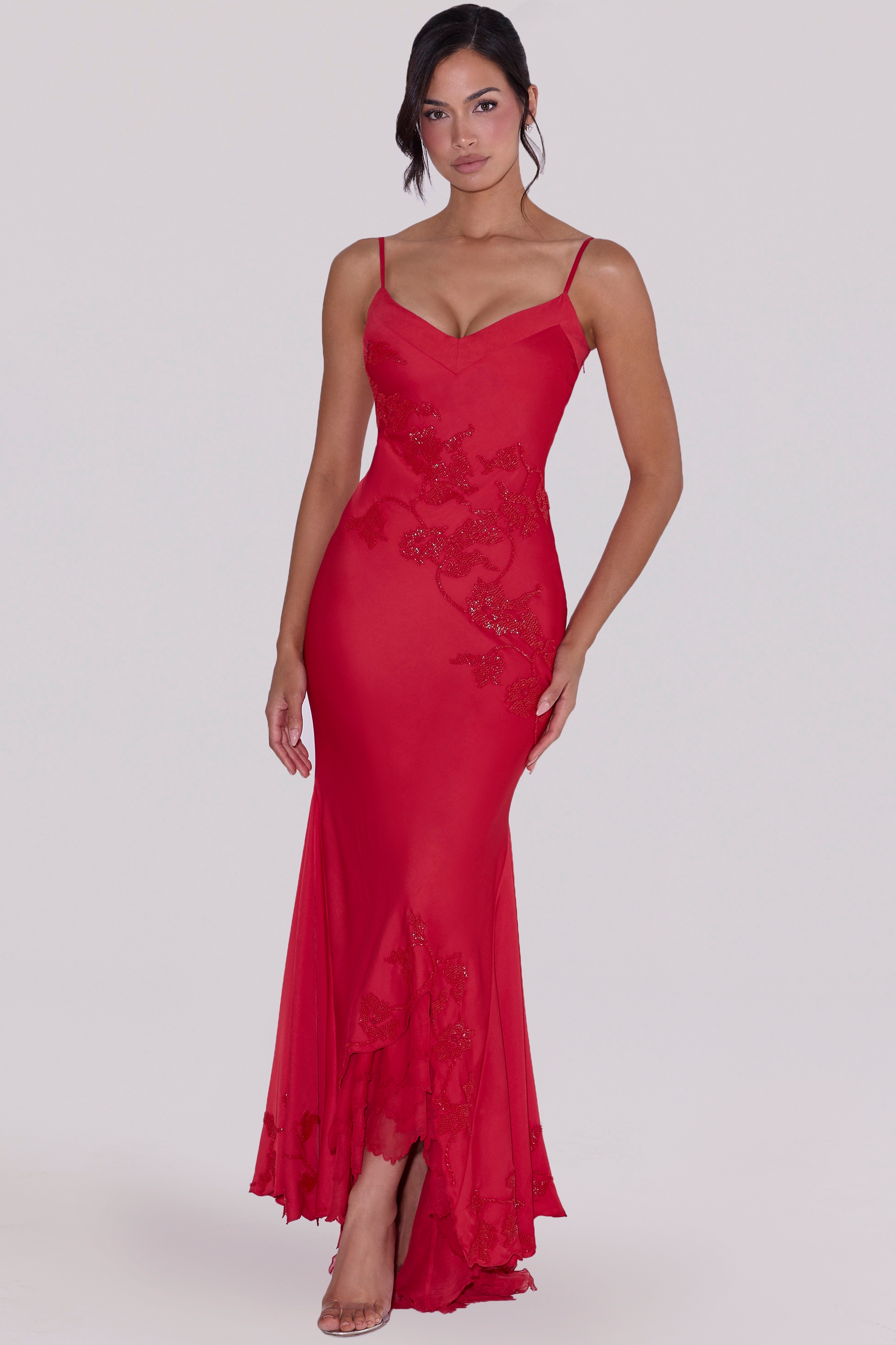 red hand beaded embellished satin maxi dress - limited edition | House of CB