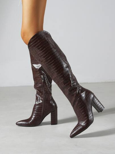 Croc Embossed Point Toe Chunky Boots | SHEIN