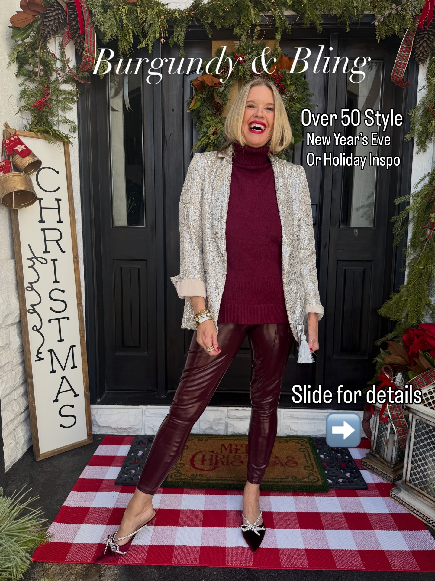 ✨Burgundy & Bling✨

—Over 50 Style—
New Year’s Eve 
Or Holiday Inspo 

➡️Slide for more details

✨Mixing
Splurge & Save items to create a striking color combo✨ 

-A Amazon Find Sweater - cap sleeve turtleneck sweater✔️tts 

-Kicking it up
For $35 shoes 
Tts 

-Faux leather pants
For the win (mine are spans and old linked similar) 

-Sequin Blazer
Mines Gibsonlook, save 10% with code DARCY10 
tts and I linked other options 

- Silver metallic Clutch with a tassel by quilted koala $35 and save 20% with code DARCY20

Great gift ideas too!


#colorcombo #burgundycolor #sequinblazer

#LTKOver40 #LTKHoliday #LTKSaleAlert