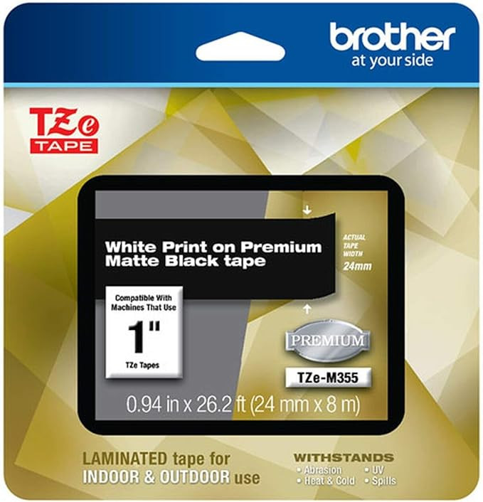 Brother P-touch TZe-M355 White Print on Premium Matte Black Laminated Tape 24mm (0.94”) wide x ... | Amazon (US)