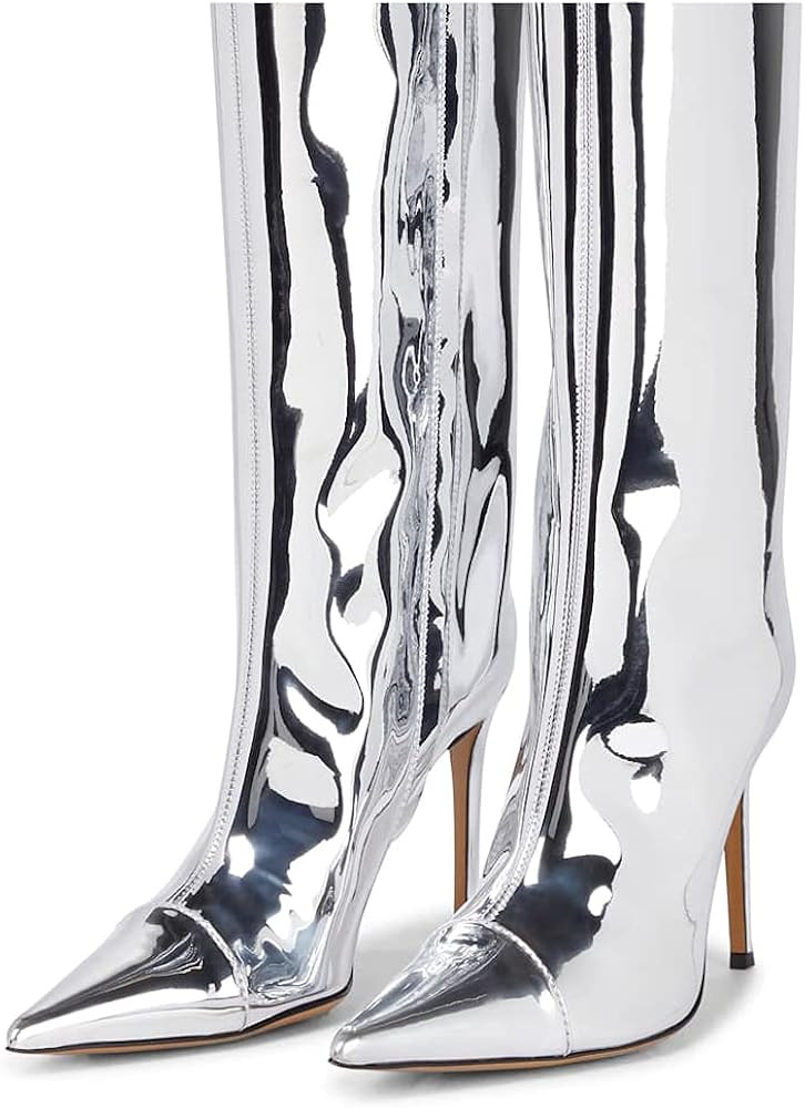 Women's Knee High Boots Sexy Pointed Toe Stiletto Heel Boot Metallic Leather Zipper Booties Dress Sh | Amazon (US)