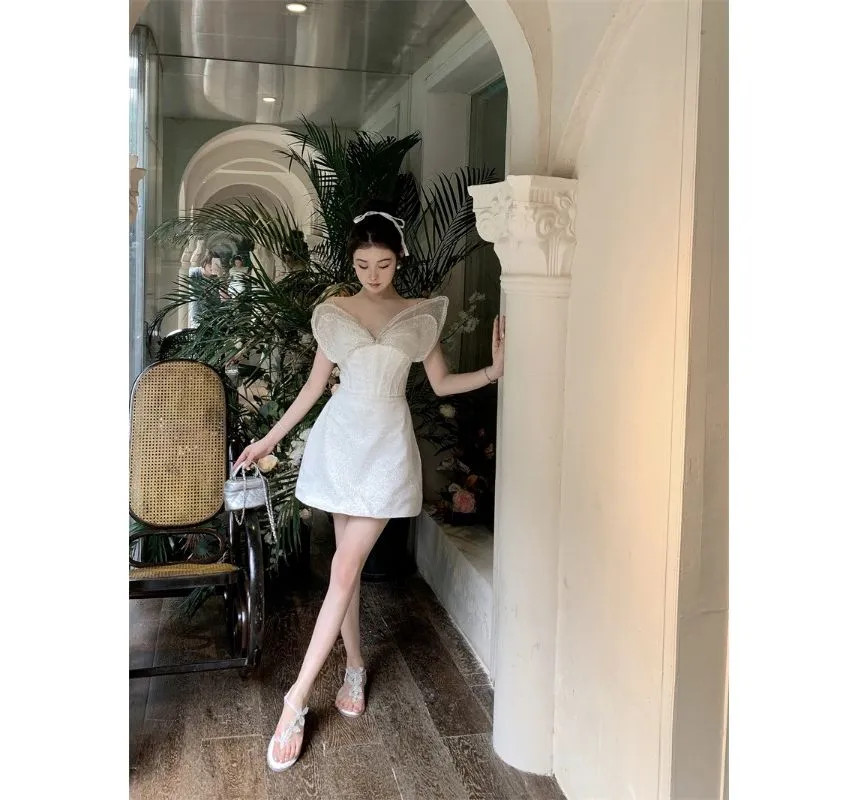 NENE - Spaghetti Strap V-Neck Glitter Rhinestone Butterfly Panel Mini A-Line Cocktail Dress | YesStyle Global