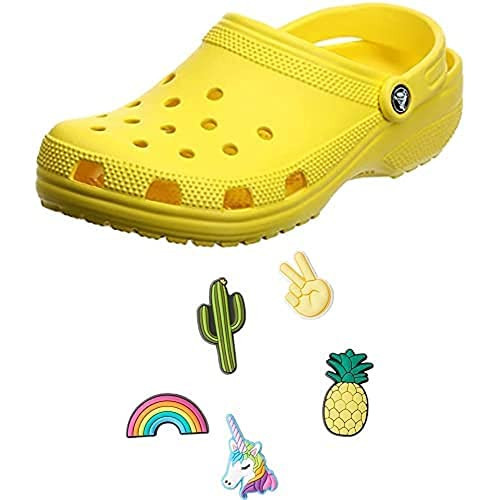 Crocs Women's Classic Clog | Comfortable Slip on Casual Water Shoe, Lemon, 7 M US Women / 5 M US Men Shoe Charm 5-Pack | Personalize with Jibbitz | Amazon (US)