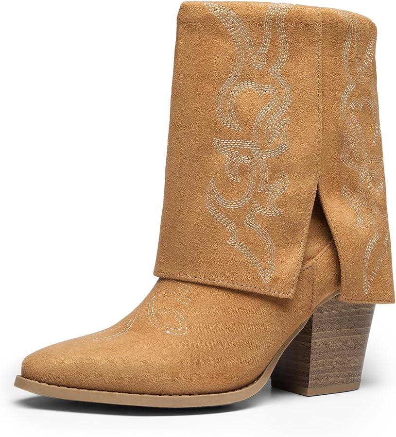 DREAM PAIRS Womens Cowboy Boots, Fold Over Pull On 3.14 Inch Chunky Heel Pointed Toe Embroidered ... | Amazon (US)