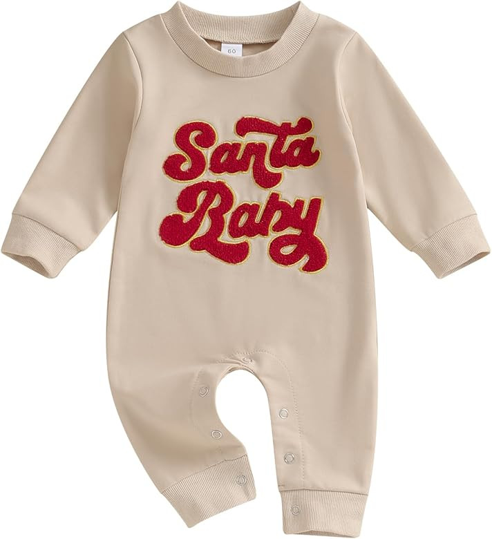 Lamuusaa Newborn Baby Girl Boy Christmas Outfit Santa Baby/Jolly Embroidery Romper One Piece Jump... | Amazon (US)