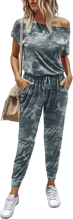 PRETTYGARDEN Women's Loose Solid Off Shoulder Elastic Waist Stretchy Long Romper Jumpsuit with Po... | Amazon (US)