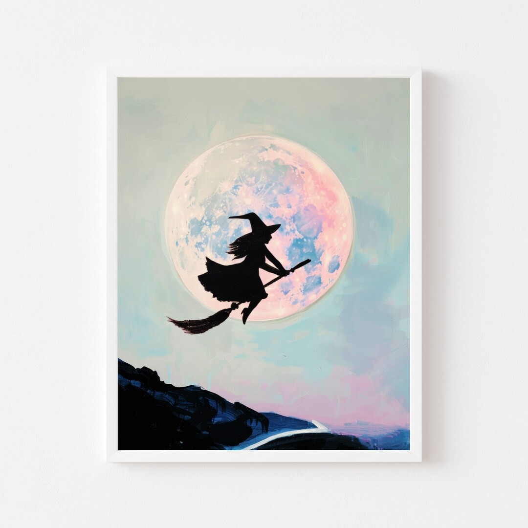 Witch Flying Across the Moon Painting | Girly Pink Halloween Printable | Bewitched Hocus Pocus Wa... | Etsy (US)