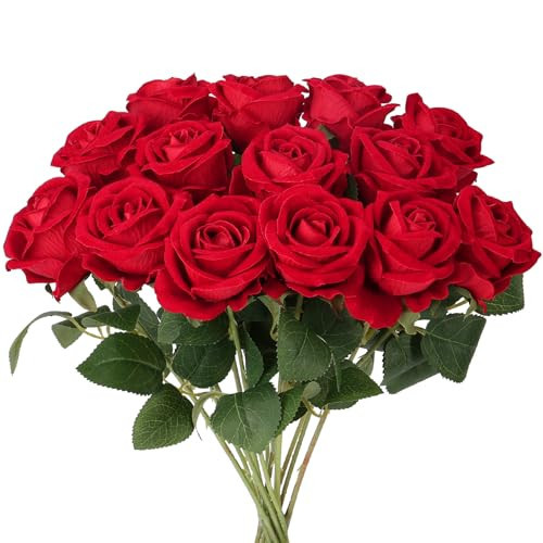 Auihiay 14PCS Red Roses Artificial Flowers, Fake Red Roses Bouquet with Long Stems for Romantic Valentine's Day, Anniversary, Wedding & Home Decoration | Amazon (US)