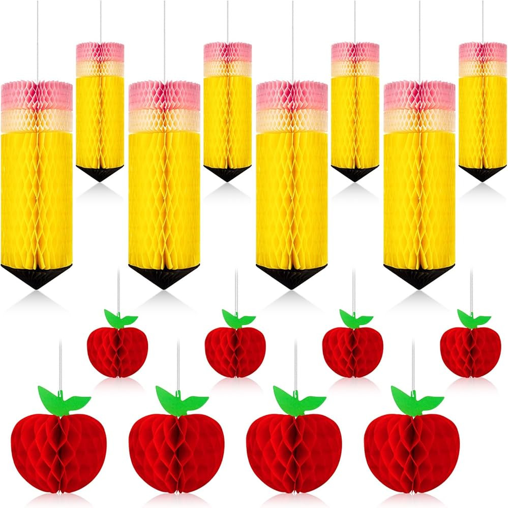 16 Pcs Back to School Decorations Apple Pencil Hanging Honeycomb Pencil Apple Paper Lanterns Hang... | Amazon (US)