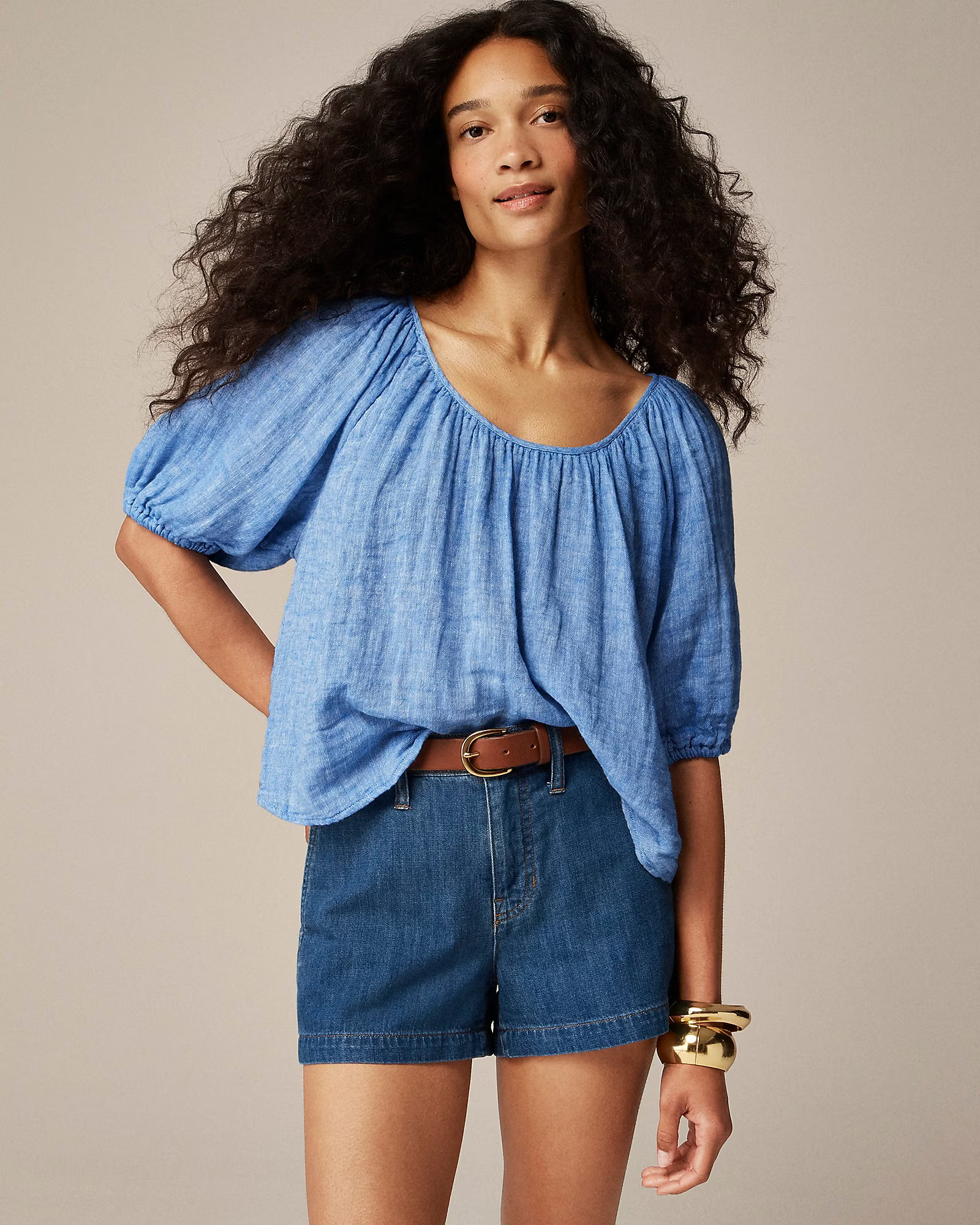 Swingy puff-sleeve top in cotton-linen blend gauze | J. Crew US