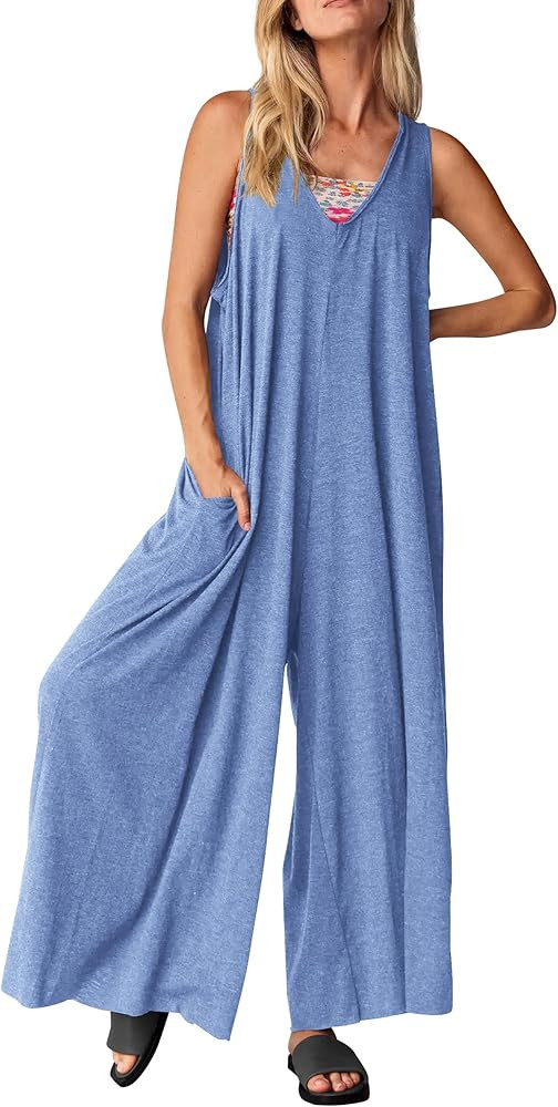 PRETTYGARDEN Women's Casual Summer Overall Jumpsuits Sleeveless Tank V Neck Wide Leg Loose One Pi... | Amazon (US)