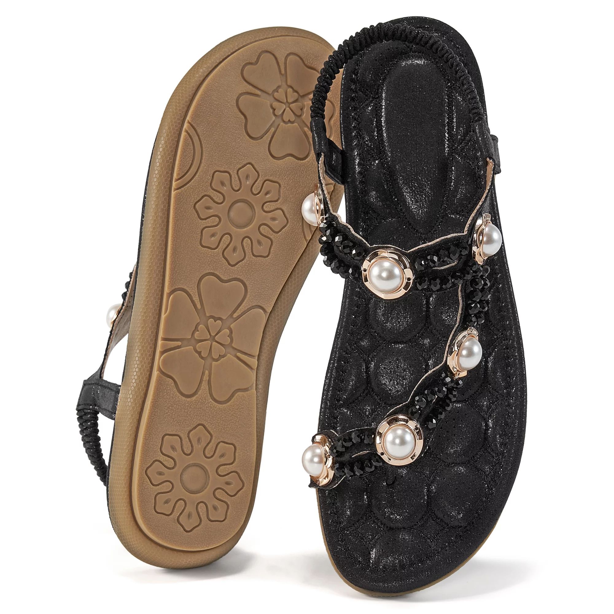 Atoshopce Women Summer Black Flat Sandals Casual Rhinestone Pearl Beach Sandals - Walmart.com | Walmart (US)
