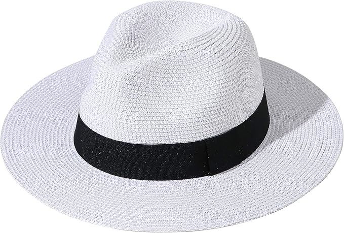 Lanzom Women Wide Brim Straw Panama Roll up Hat Fedora Beach Sun Hat UPF50+ | Amazon (US)