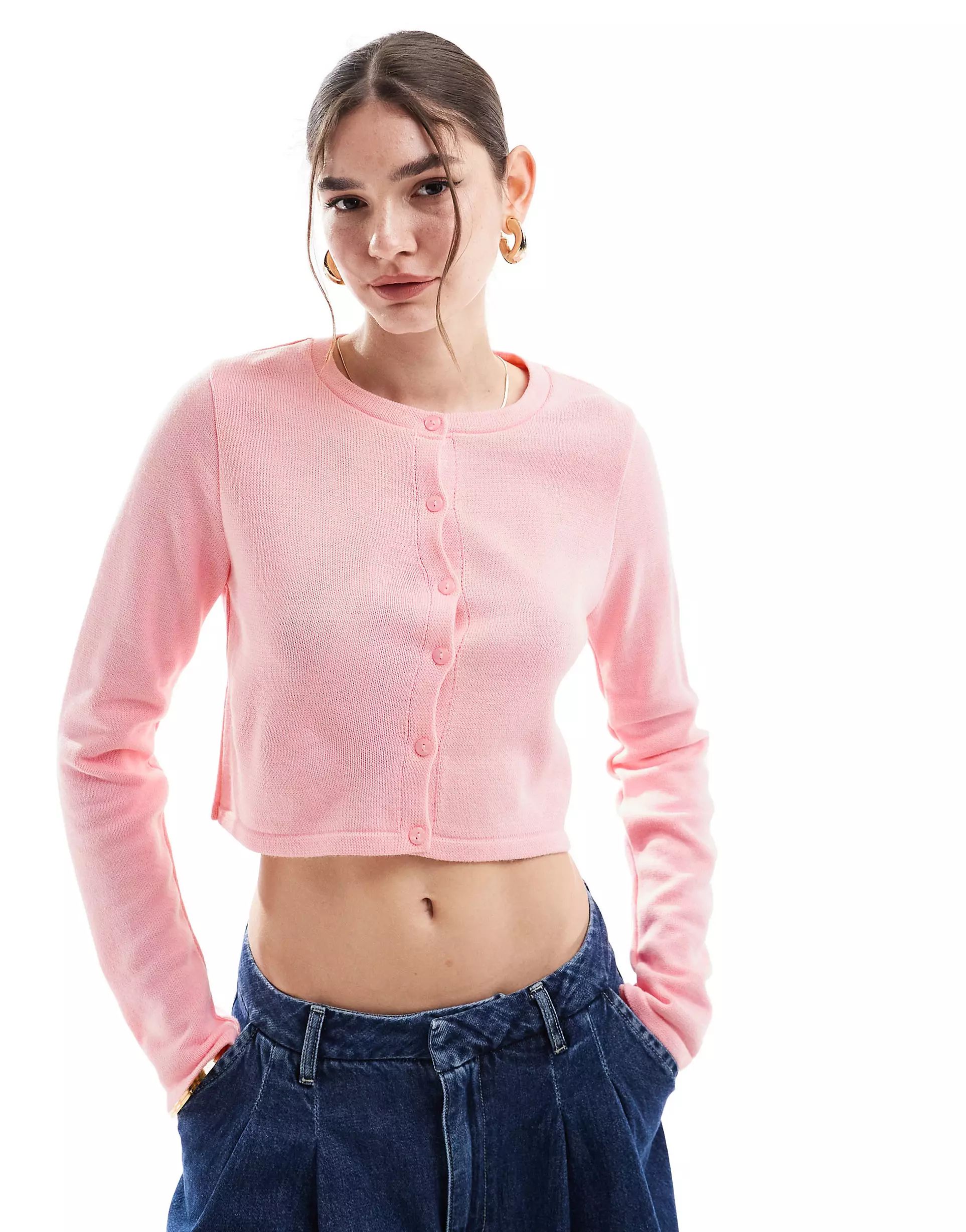 ASOS DESIGN knitted crew neck cropped cardigan in pink | ASOS | ASOS (Global)