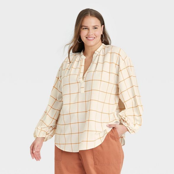 Women&#39;s Plus Size Balloon Long Sleeve Popover Blouse - A New Day&#8482; Rust Plaid 3X | Target