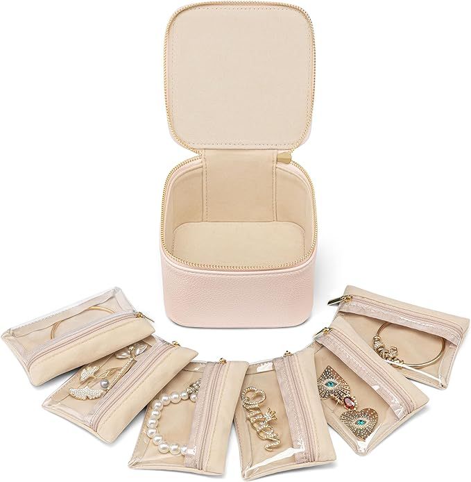 Vlando Travel Small Jewelry Case, PU Leather 6 zipper velvet bags for Women Girl,Valentine's Day ... | Amazon (US)