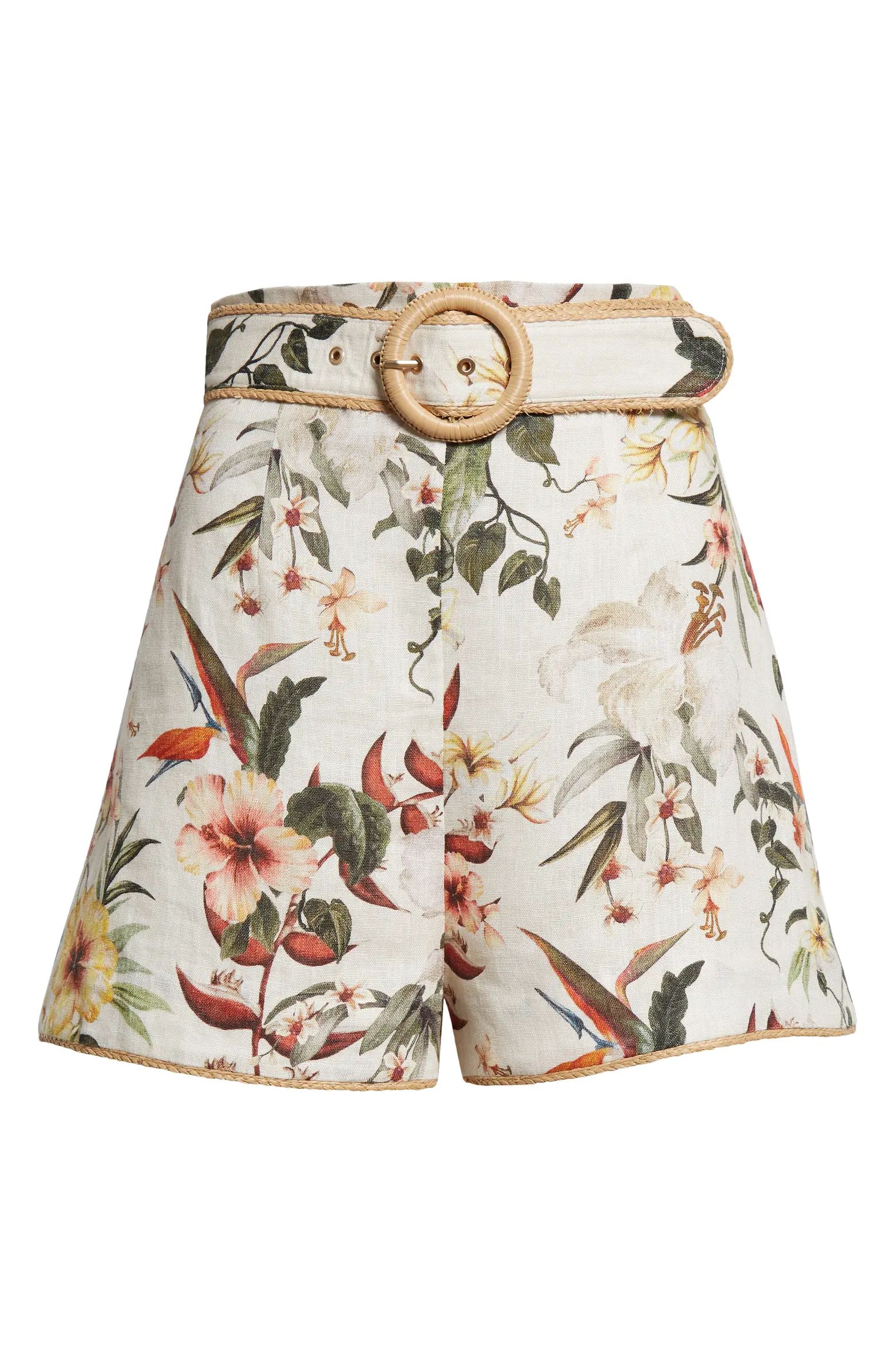 Lexi Tropical Floral Belted Raffia Trim Linen Shorts | Nordstrom